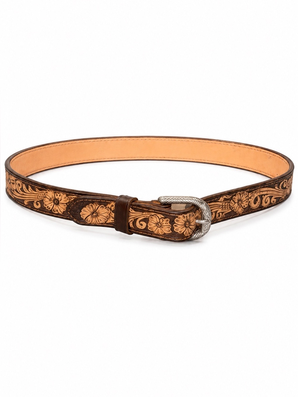 Tooled Leather Floral Belt - brown Tan handmade